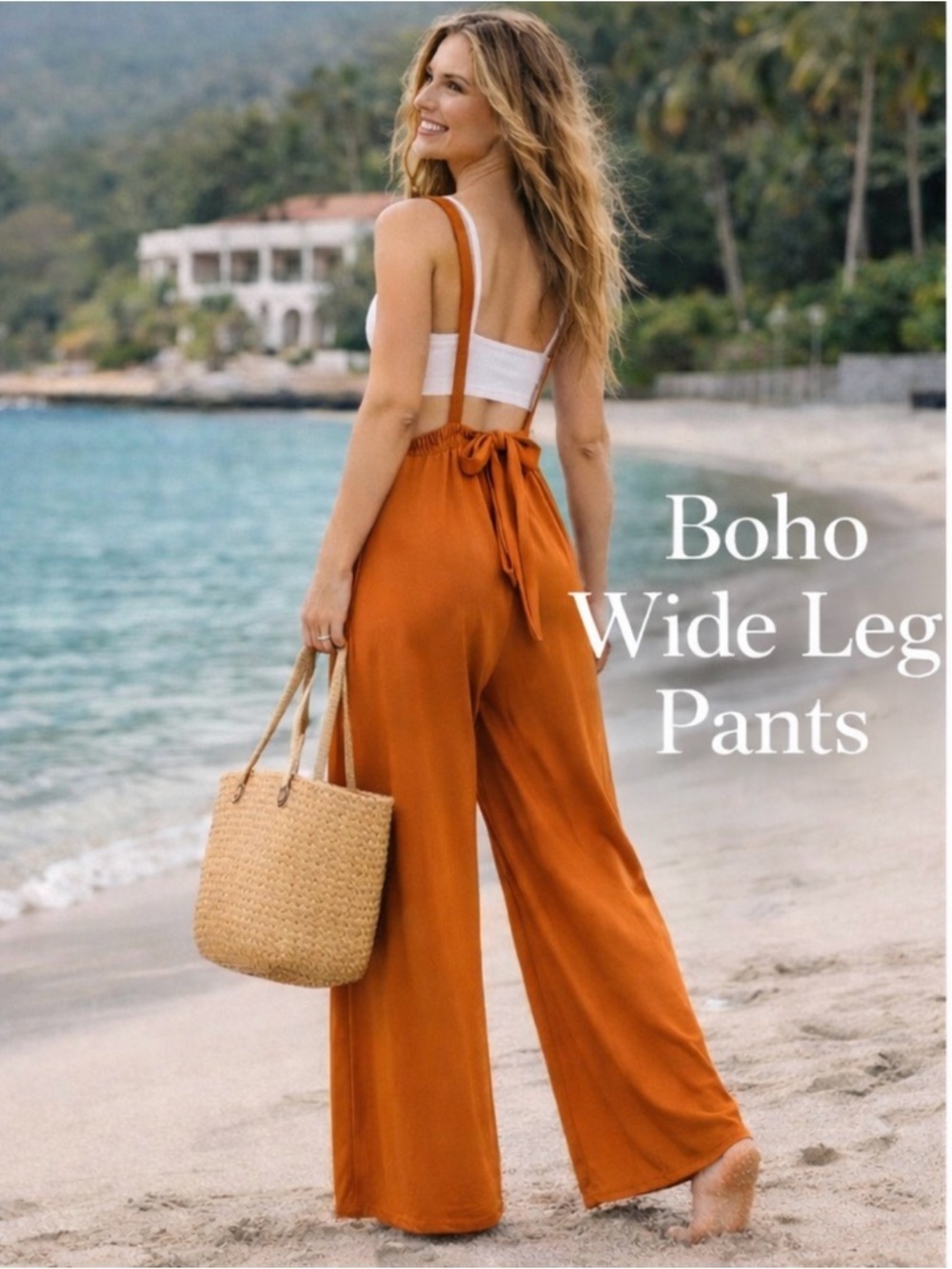 Rust Orange Wide Leg Pants Open Back Tie Strap Size S Boho